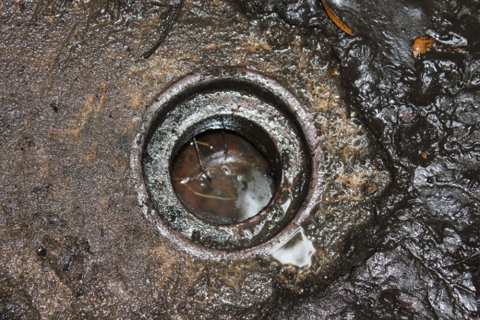 The floor drain in the basement entry